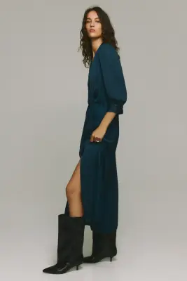 Robe à manches bouffantes avec col lavallière - Turquoise foncé — photo 2