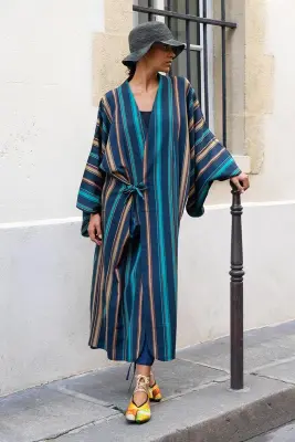 Kimono Rayures d'Azur en Chirimen — photo 2