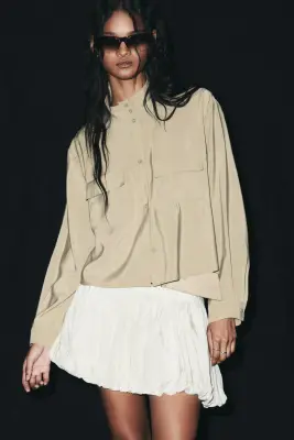 Chemise à col droit en viscose mélangée - Vert kaki clair — photo 1