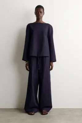 PANTALON LARGE TAILLE AJUSTABLE EN LIN - BLEU MARINE — photo 1