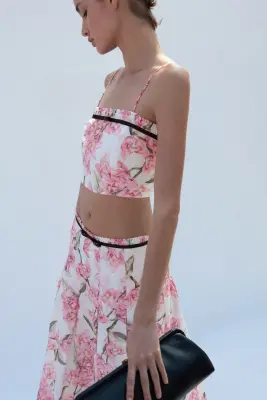 Crop top en lin mélangé - Ivoire/fleuri — photo 2