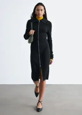 Robe midi côtelée avec fermeture éclair à l’avant - Noir — photo 3