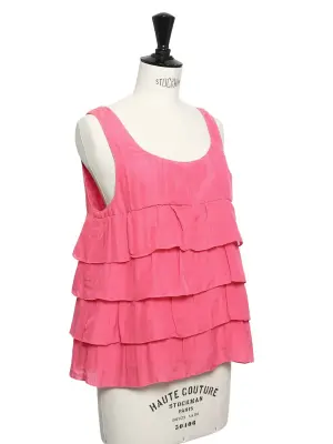 Top en soie et coton rose framboise à volants Prix boutique 125€ Taille 36 — photo 2
