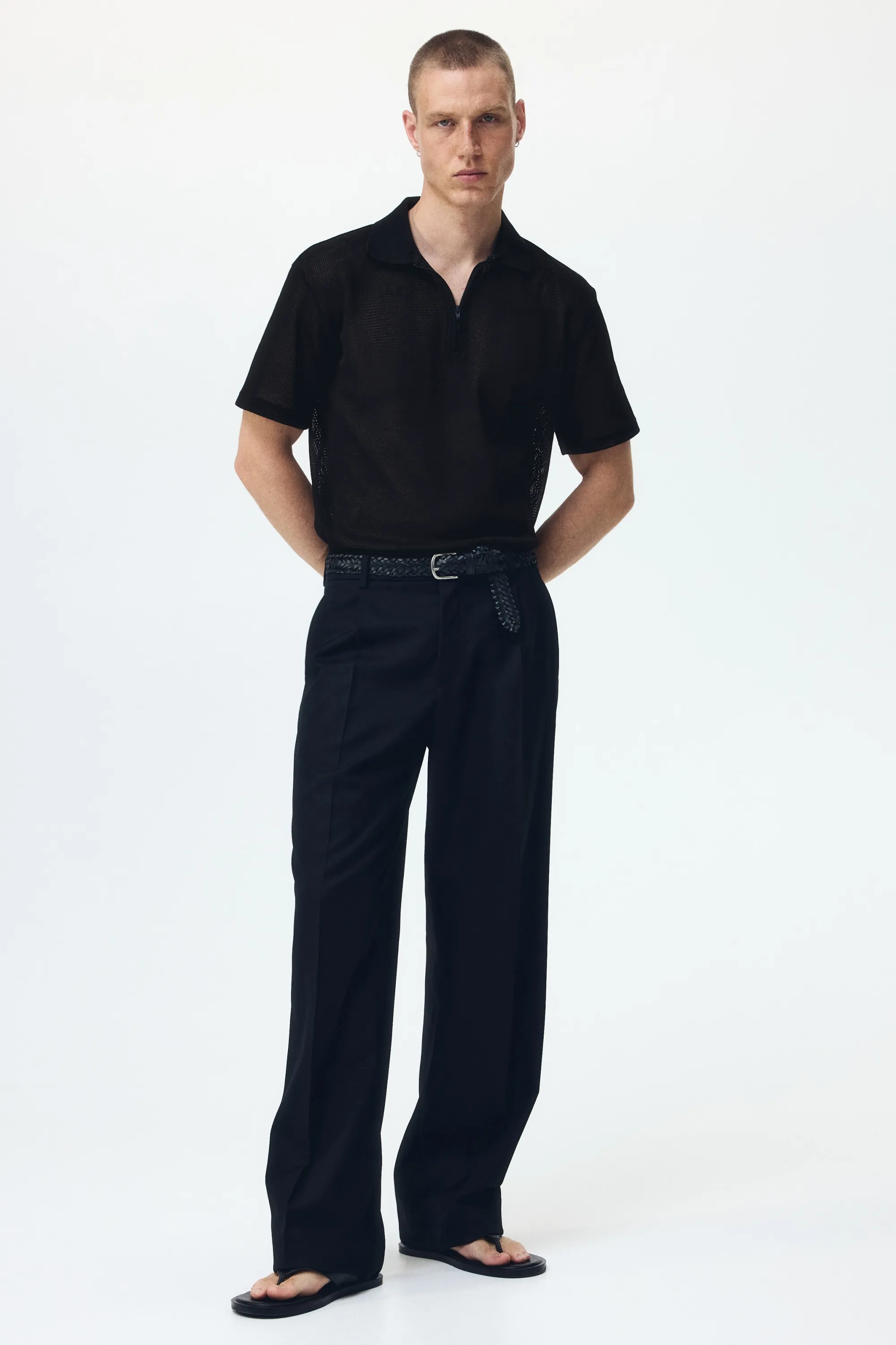 Polo Regular Fit en maille ajourée - Noir