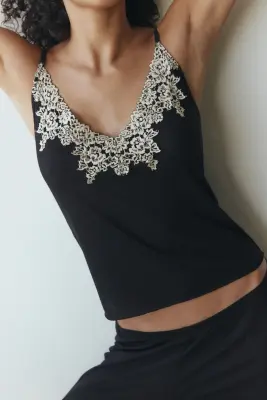 Pyjama en jersey avec dentelle - Noir/crème — photo 1