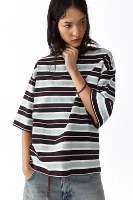 T-shirt oversize en coton - Marron foncé/rayé — photo 1