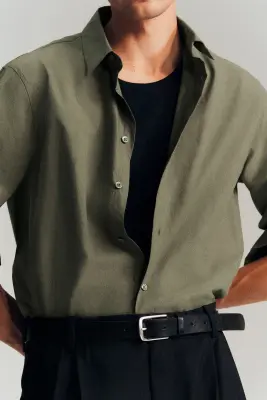 CHEMISE DÉCONTRACTÉE EN POPELINE DE COTON PIMA - KAKI — photo 1