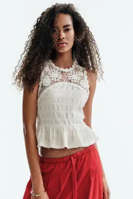 Top texturé avec partie façon crochet - Ivoire — photo 1
