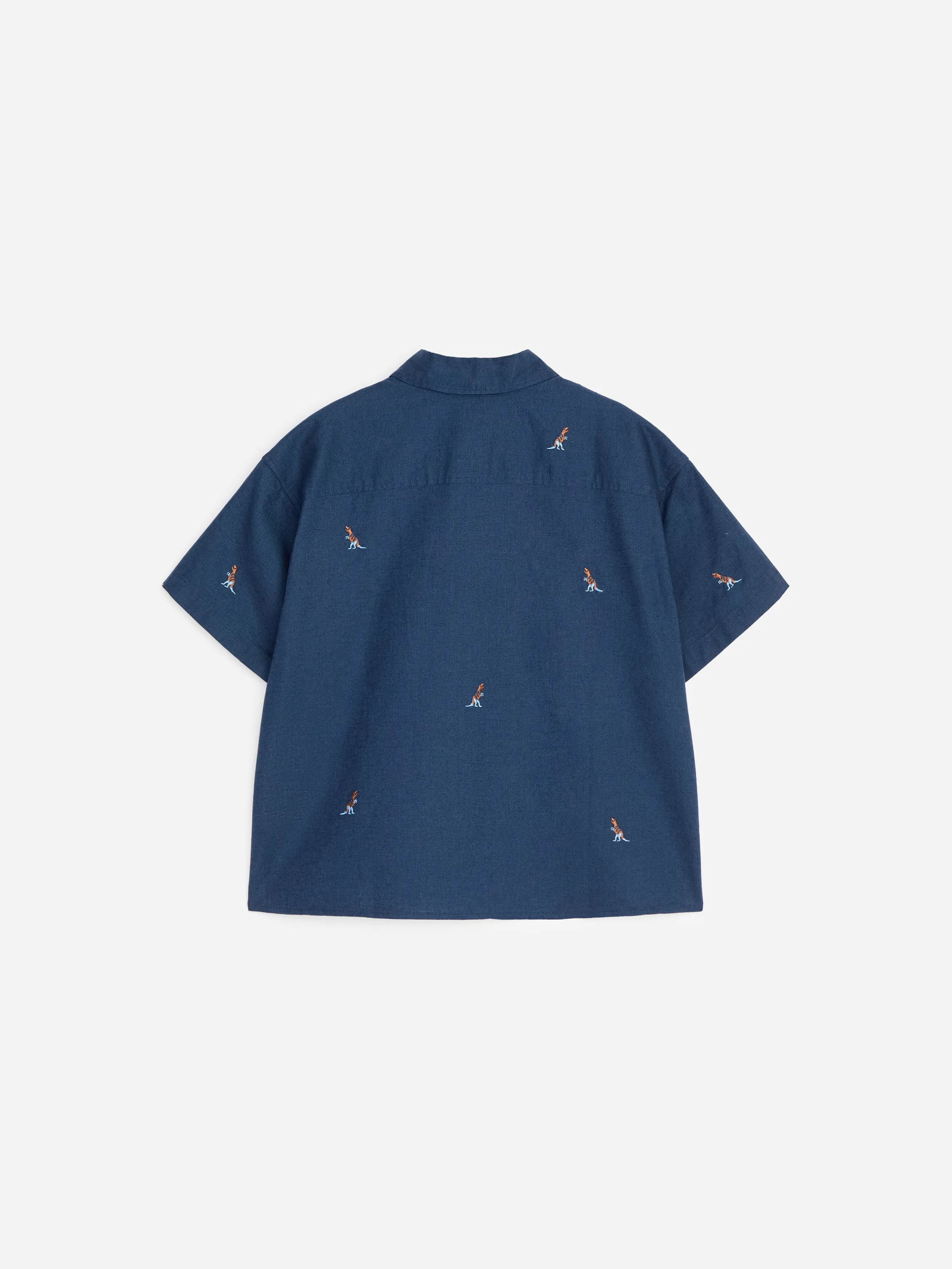 Chemise brodée en lin mélangé - Bleu foncé/Dinosaures