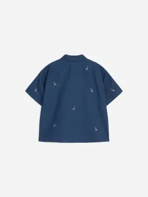 Chemise brodée en lin mélangé - Bleu foncé/Dinosaures — photo 1