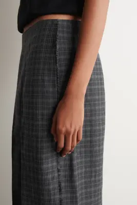 PANTALON EN LIN ET COTON À CARREAUX ET FRANGES - GRIS / BRUN / CARREAUX — photo 2