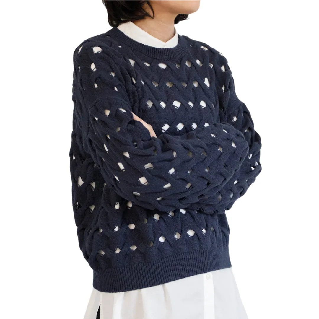 Pull torsadé en coton et lin Bleu Marine 24 127 - CT Plage