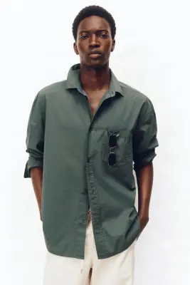 Chemise Loose Fit en popeline de coton - Vert foncé — photo 1