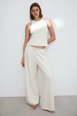 Pantalon plissé avec cordon de serrage - Beige clair — photo 2