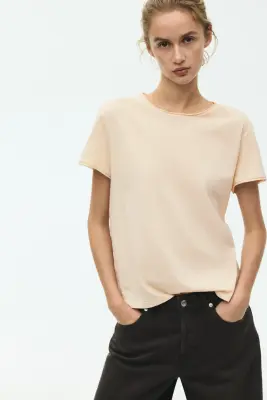 T-shirt à bords roulottés - Beige clair — photo 1