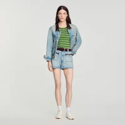Short en jean détail cuir