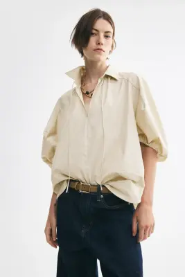 Blouse à manches bouffantes avec liens à nouer - Beige clair — photo 2