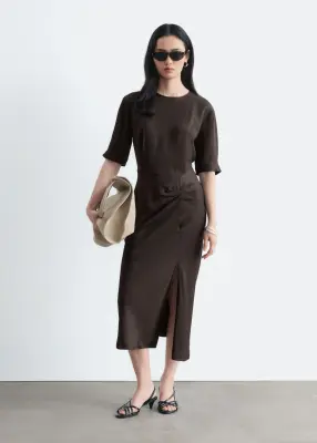 Robe midi à détails plissés - Marron foncé — photo 3
