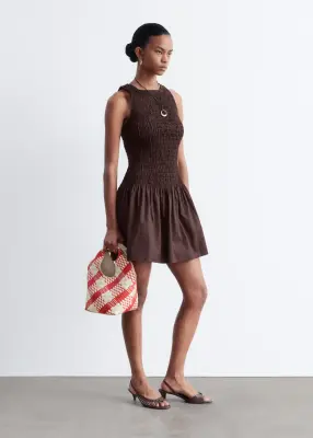 Robe courte à smocks en popeline de coton - Marron foncé — photo 3