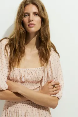 Robe à taille smockée - Beige clair/fleuri — photo 3