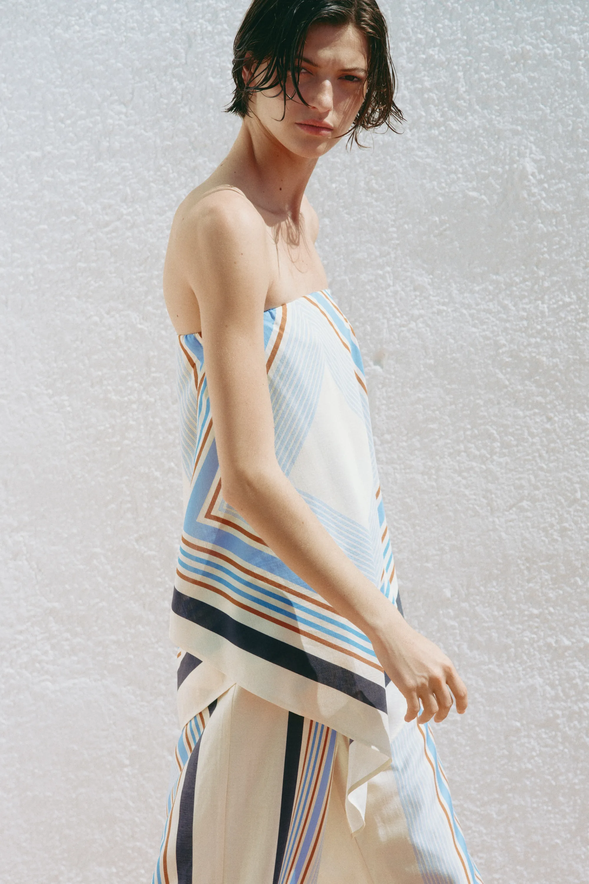 Top bandeau asymétrique - Beige clair/rayé