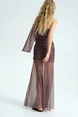 Robe en mesh à effet drapé - Marron foncé/pois — photo 3