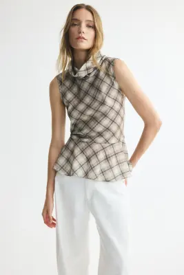 Top péplum avec col roulé - Beige clair/carreaux — photo 1