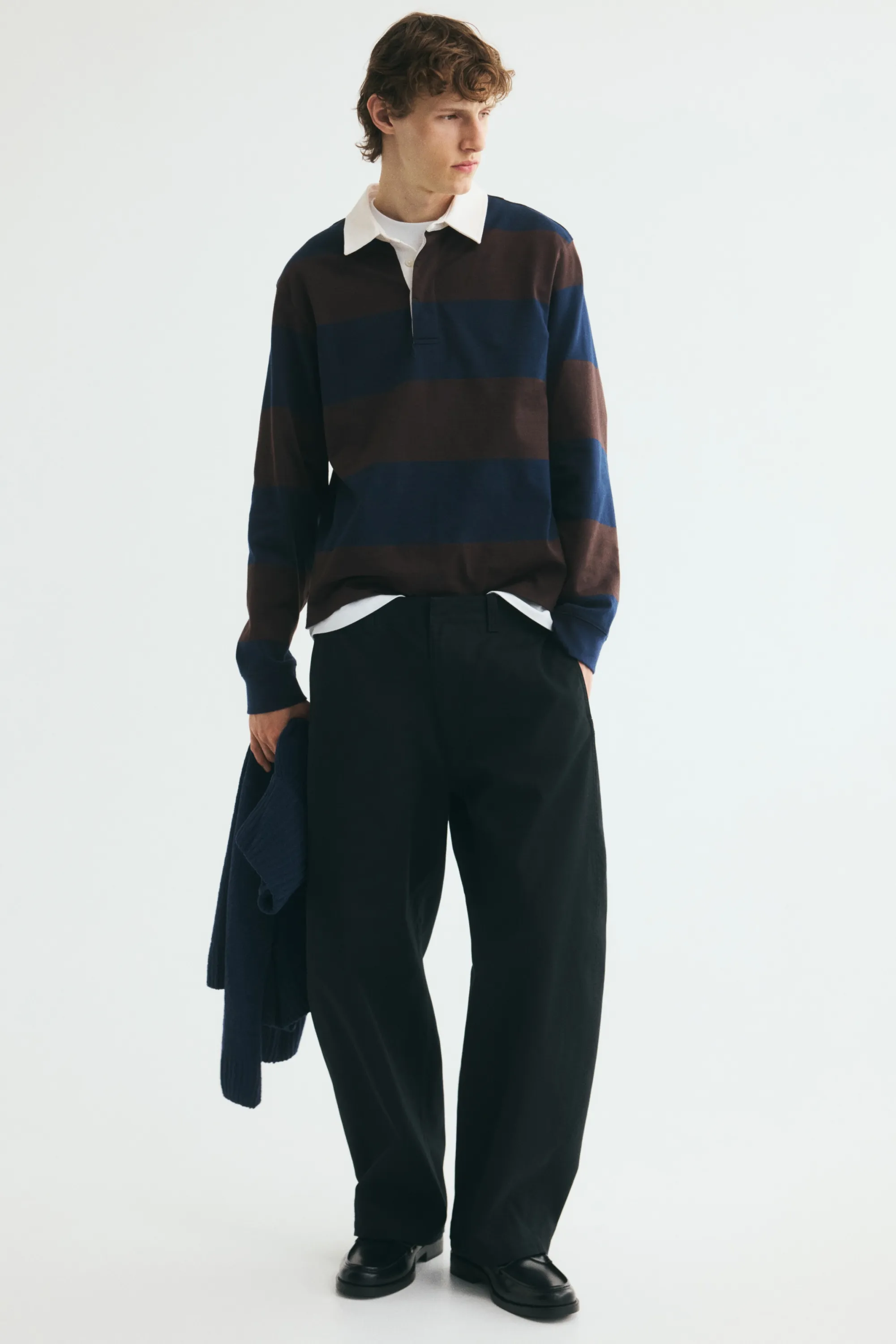 Polo de rugby Regular Fit en coton - Marron/rayures bleu foncé