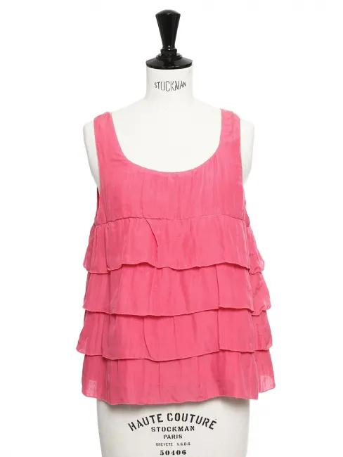 Top en soie et coton rose framboise à volants Prix boutique 125€ Taille 36