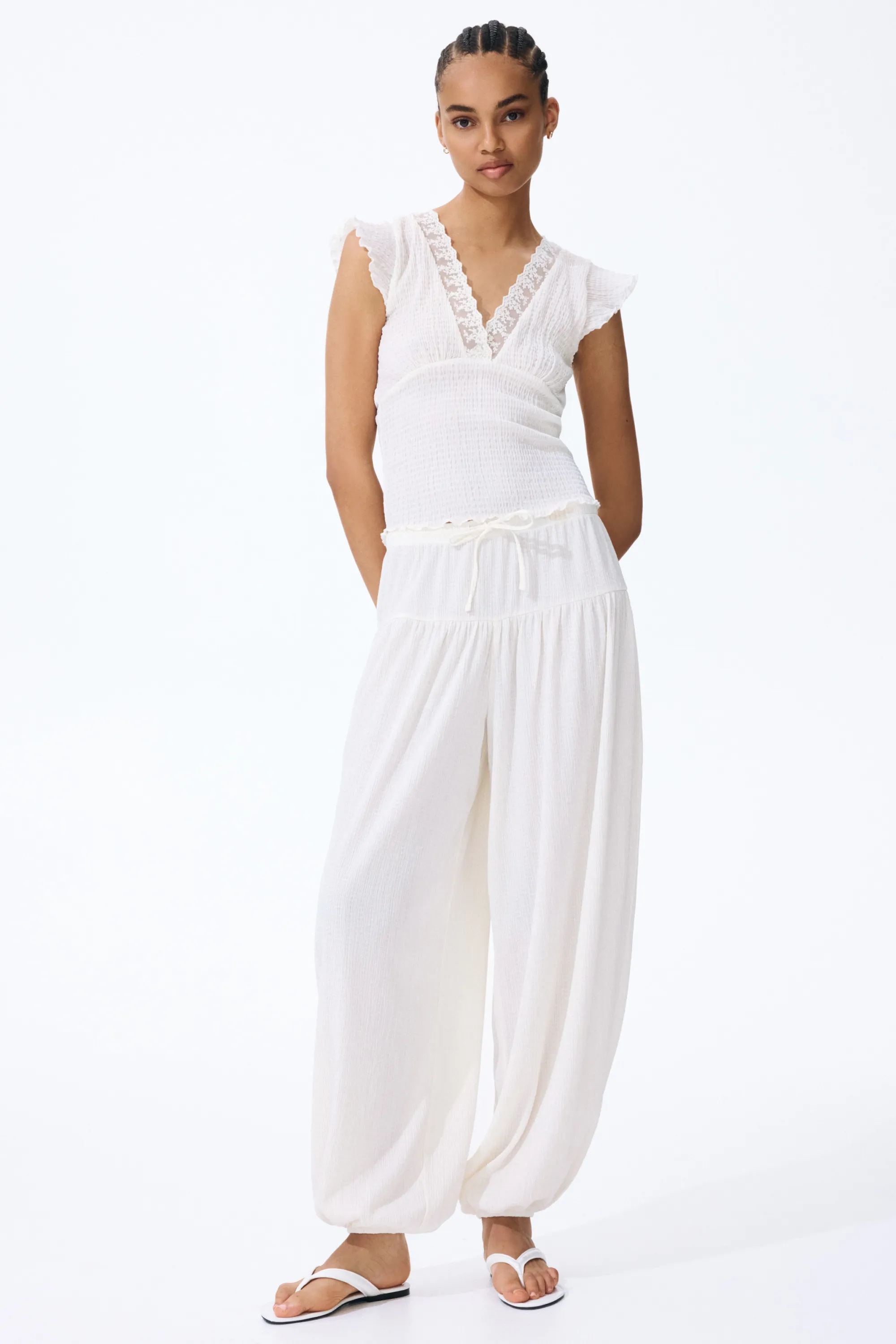 Pantalon ballon froissé - Crème