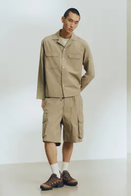 Chemise Loose Fit en coton avec col cubain - Vert kaki — photo 2