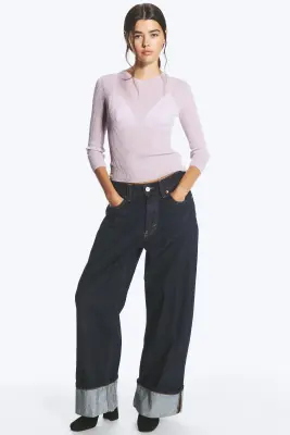 Pull ajusté en maille à col en V - Rose clair — photo 2