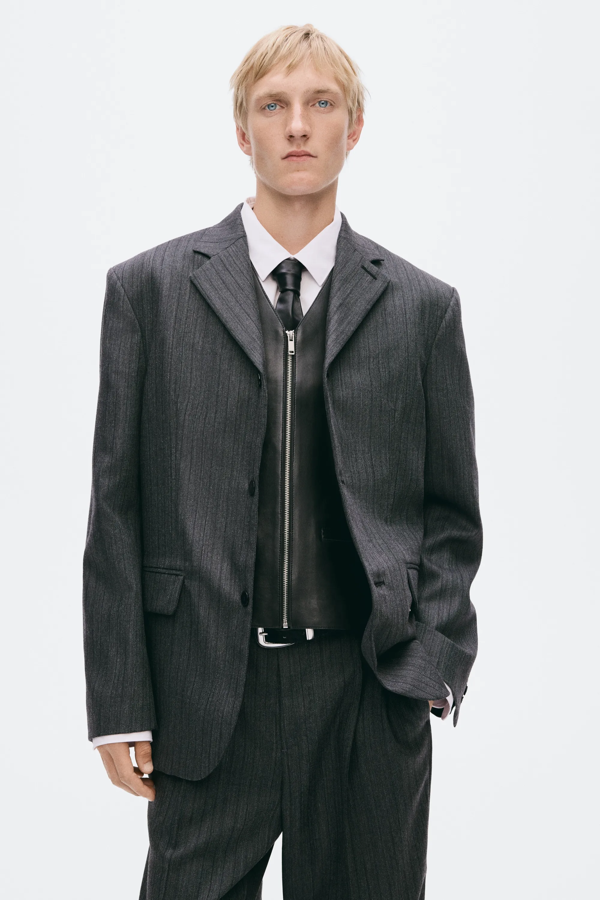 Veste à fermeture droite Regular Fit en laine - Gris foncé/rayures tennis