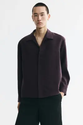 Chemise Relaxed Fit avec col cubain - Violet foncé — photo 2