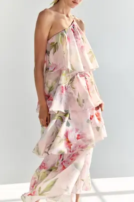 Robe asymétrique à étages en lin mélangé - Rose clair/fleuri — photo 4