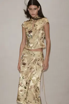 Jupe portefeuille en tissu jacquard - Jaune ancien clair/fleuri — photo 1