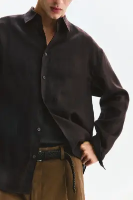 Chemise Relaxed Fit en lin - Marron foncé — photo 1