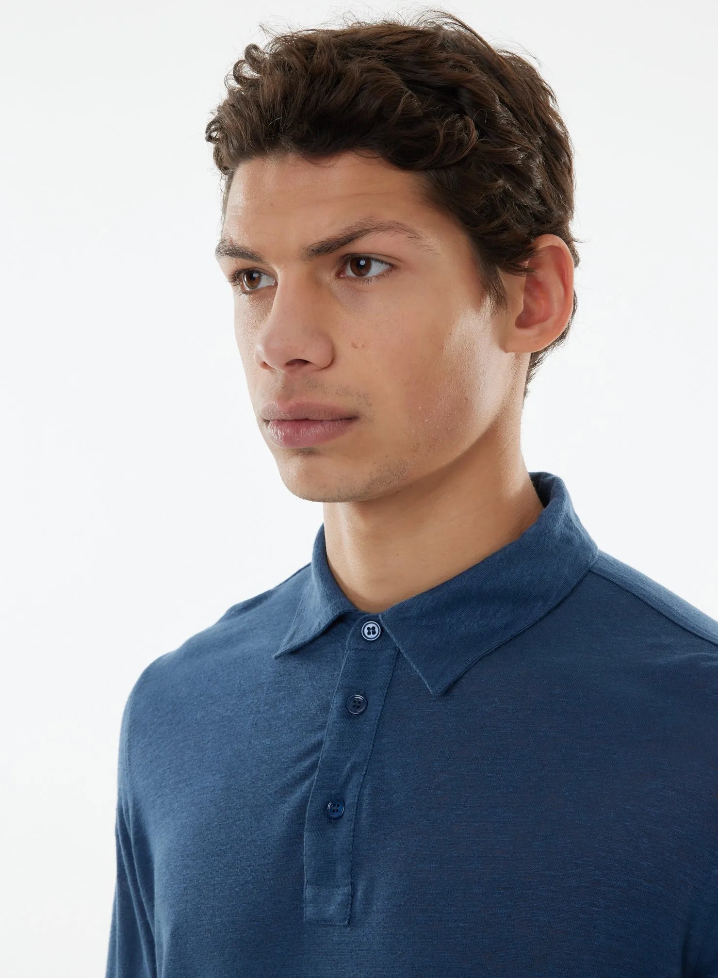 Polo Bleu Manches Longues en Lin / Elasthanne