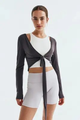 Crop top de yoga à nouer SoftMove™ - Gris ardoise — photo 1