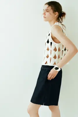 Short en denim avec taille élastique - Bleu denim foncé — photo 1