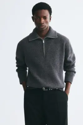 Pull Regular Fit en laine avec col zippé - Gris foncé — photo 3