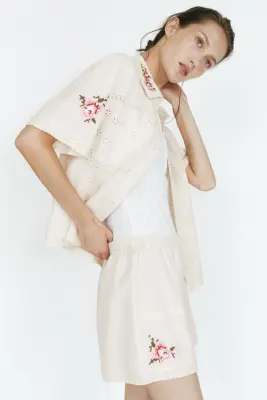 Linen-blend pyjama shorts - Crème/fleurs — photo 2