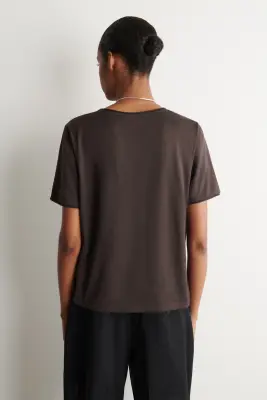 T-SHIRT COL EN U EN COTON LÉGER - BRUN — photo 3