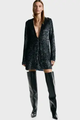 Robe ornementée à encolure en V - Noir — photo 2
