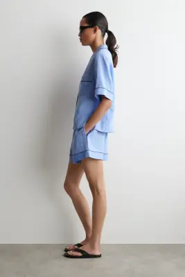 SHORT EN LIN À FINITION CONTRASTÉE - BLEU CHINÉ — photo 2