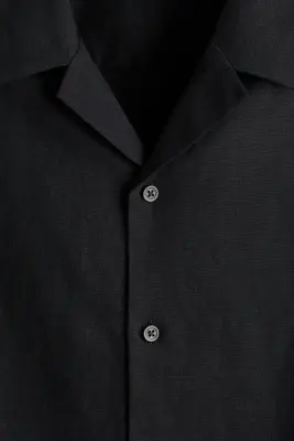 Chemise Relaxed Fit en lin mélangé avec col cubain - Noir — photo 5