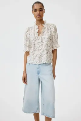 Blouse volantée à manches bouffantes - Crème/fleuri — photo 1