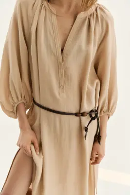Robe oversize avec ceinture à nouer - Beige — photo 2