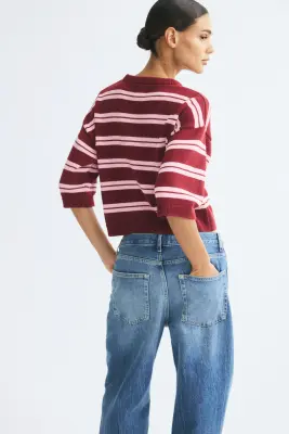 T-shirt en maille - Rouge foncé/rayé — photo 3