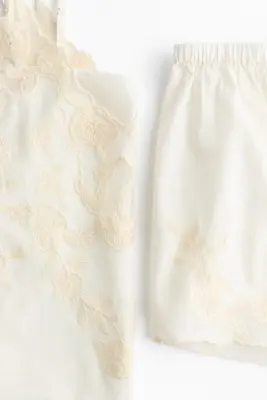 Pyjama brodé en coton - Crème — photo 4